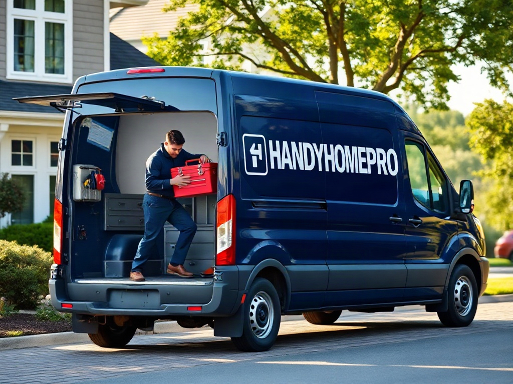 A HandyHomePro technician loading a toolbox into a branded service van outside a suburban home